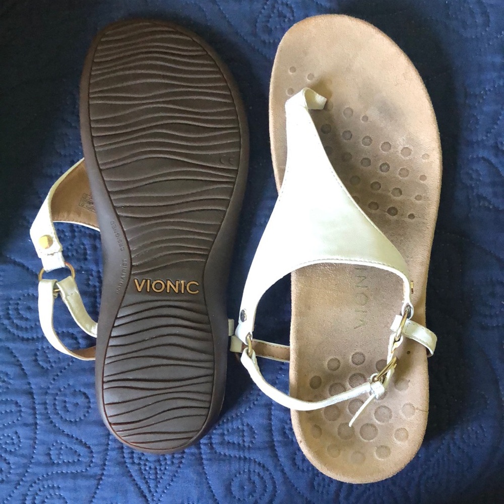 Vionic White and Brown Comfort Sandals with Ankle Strap